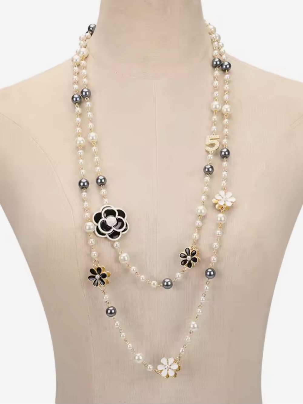 Pearl and Gold Flower Station Necklace - White and Black